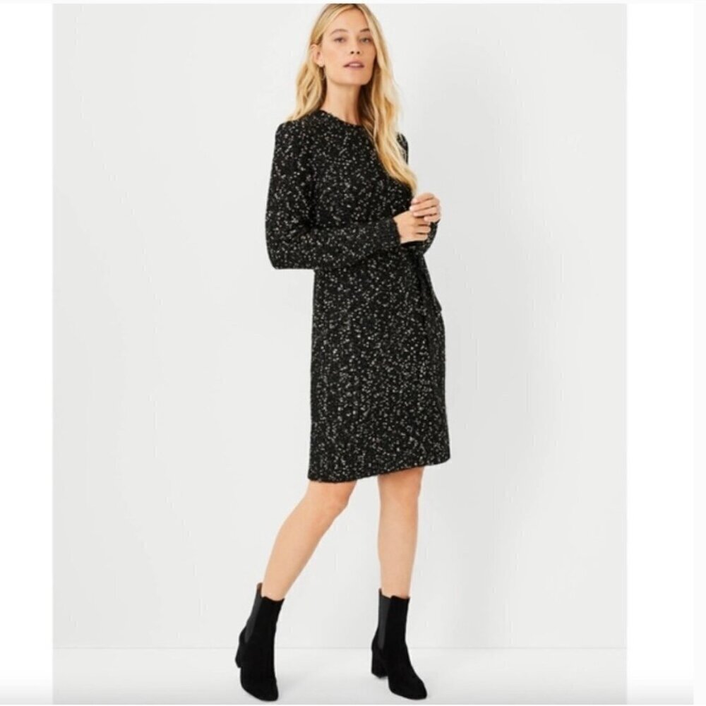 NWT Ann Taylor Black & Gold Shimmer Speckled Belted Sweater Dress, Size Small